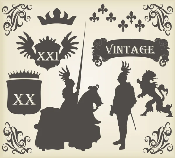 Caballero medieval jinete y elementos vintage vector fondo ilustratio — Archivo Imágenes Vectoriales
