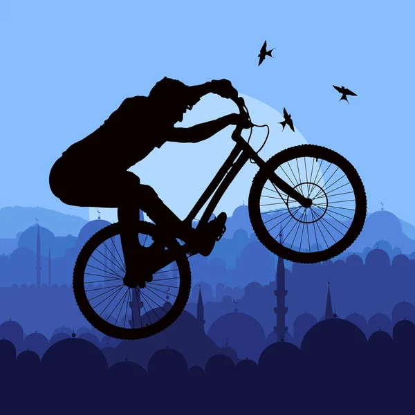 Mountain bike rider in wilde natuur landschap — Stockvector