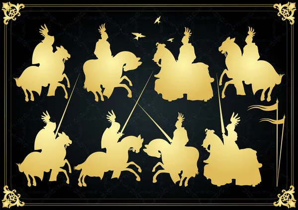 Middeleeuwse ridders in slag bij vector achtergrond, rider leider duel — Stockvector