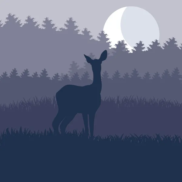 Hareketli yağmur geyik ailesinin vahşi gece orman bitki örtüsü illüstrasyon — Stok Vektör