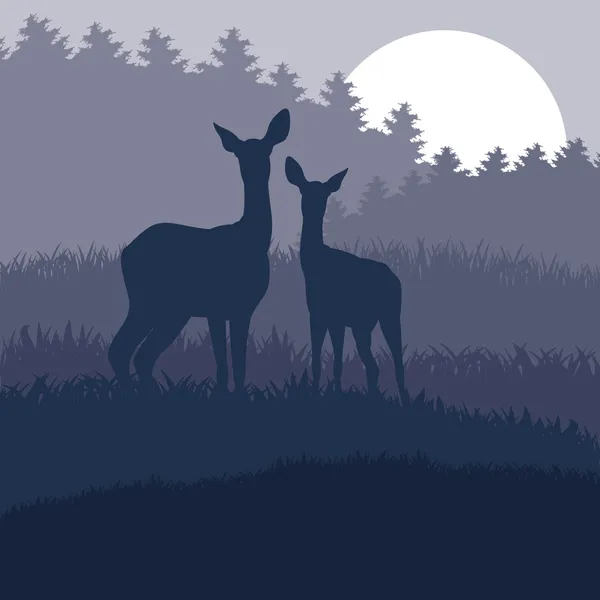 Hareketli yağmur geyik ailesinin vahşi gece orman bitki örtüsü illüstrasyon — Stok Vektör