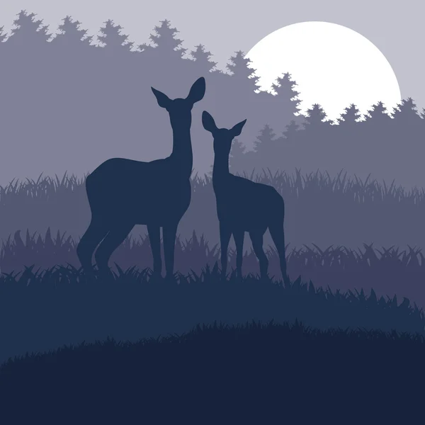 Animated rain deer family in wild night forest foliage illustration — Stock Vector