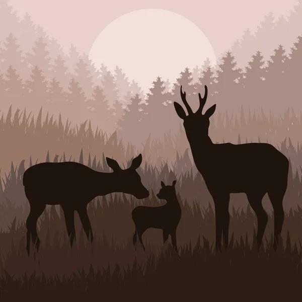 Familia de ciervos de lluvia animados en bosque nocturno salvaje follaje ilustración — Archivo Imágenes Vectoriales