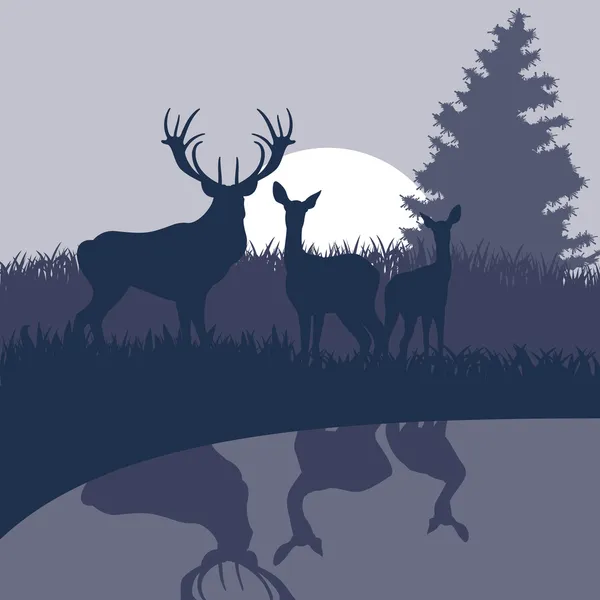 Animated rain deer family in wild night forest foliage illustration — Stock Vector
