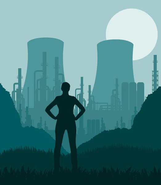 Jonge man in olie raffinaderij station landschap illustratie — Stockvector