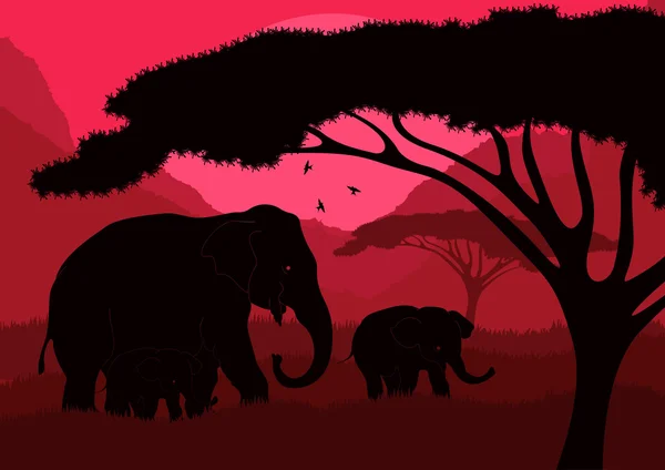 야생 아프리카 풍경 그림에 귀여운 코끼리 가족 — 스톡 벡터