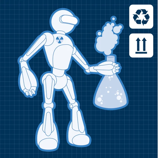 Animated nuclear physicist science robot blueprint plan illustration