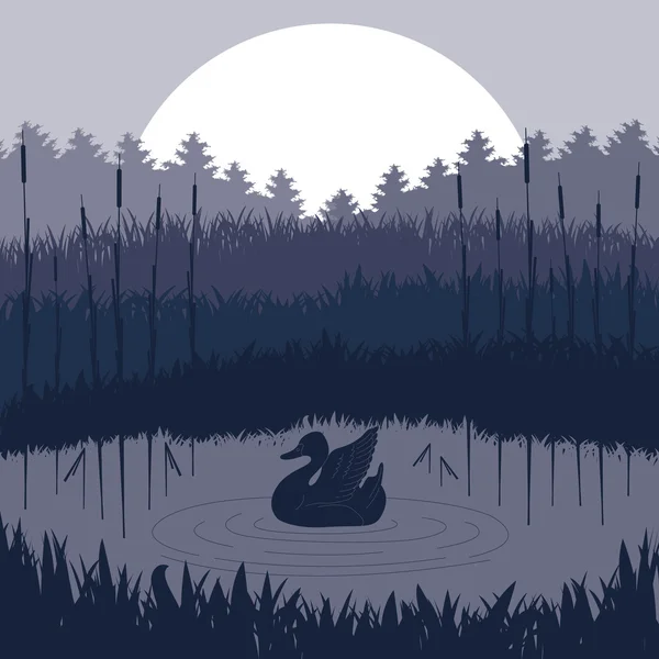 Дикая утка в озерной листве — стоковый вектор