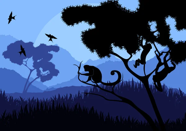 Monkey family in wild nature landscape illustration — Stock Vector