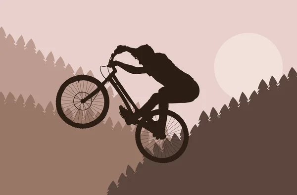 야생의 자연 풍경에 산악 자전거 라이더 — 스톡 벡터