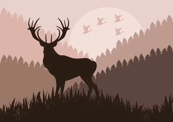 野生の夜の森の紅葉図でアニメーション雨の鹿 — ストックベクタ