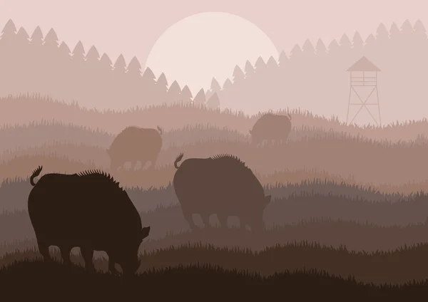 Animação selvagem javali caça temporada folhagem ilustração — Vetor de Stock