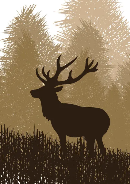 Cervos de chuva animados em ilustração de folhagem florestal selvagem — Vetor de Stock