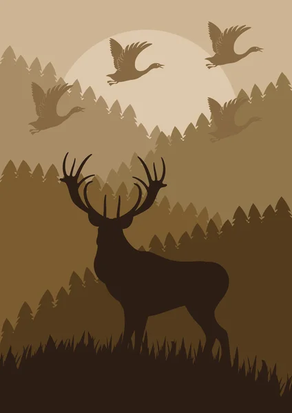 Animerade regn rådjur i vilda skogen bladverk illustration — Stock vektor