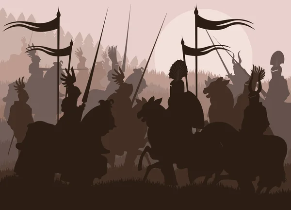 Caballeros medievales en batalla vector fondo, jinete líder duelo — Vector de stock