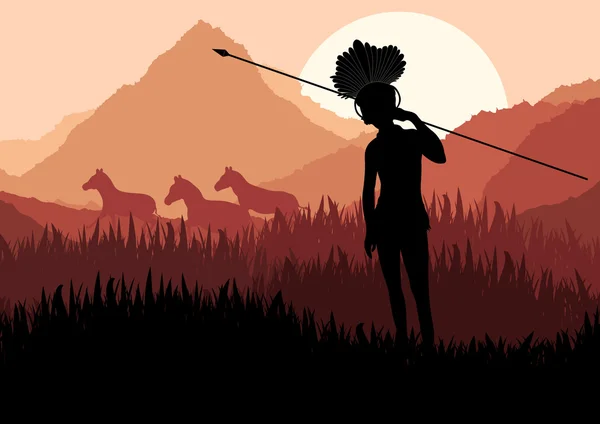 Einheimische afrikanische Jäger in wilder Natur Landschaft Illustration — Stockvektor