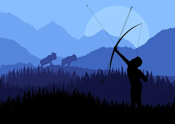 Caçador africano nativo em natureza selvagem ilustração paisagem — Vetor de Stock