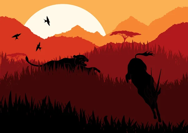 Gazela de corrida animada na África selvagem ilustração da paisagem da montanha — Vetor de Stock