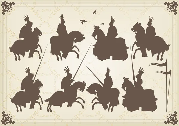 Средневековый рыцарь всадник и винтажные элементы векторные фоновые иллюстрации — стоковый вектор