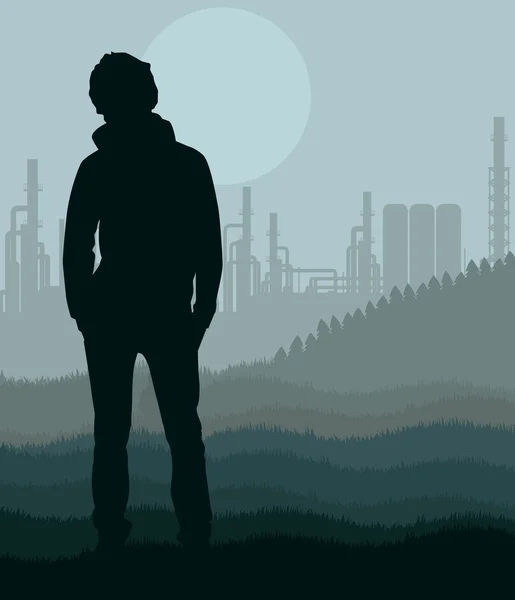 Jeune homme dans la station de raffinage de pétrole illustration de paysage — Image vectorielle