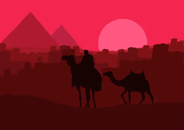 Pirámides y caravana de camellos en África salvaje ilustración del paisaje — Vector de stock