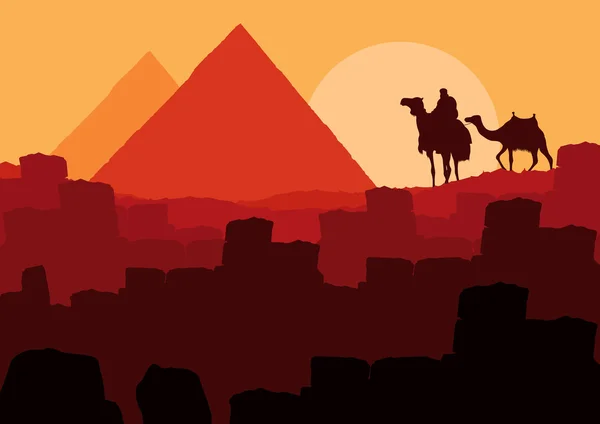 Piramidi e carovane di cammello in Africa selvaggia paesaggio illustrazione — Vettoriale Stock