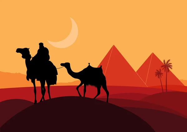 Pyramids and camel caravan in wild africa landscape illustration — Stock Vector