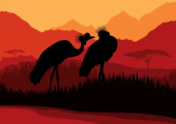 Animated crane in wild nature landscape illustration — Stock Vector