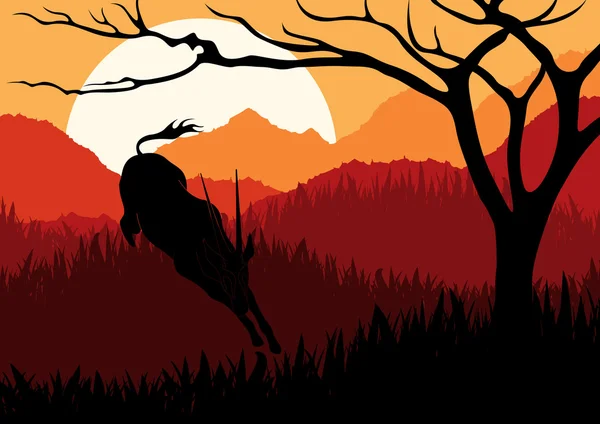 Gacela corriendo animada en África salvaje paisaje de montaña ilustración — Vector de stock