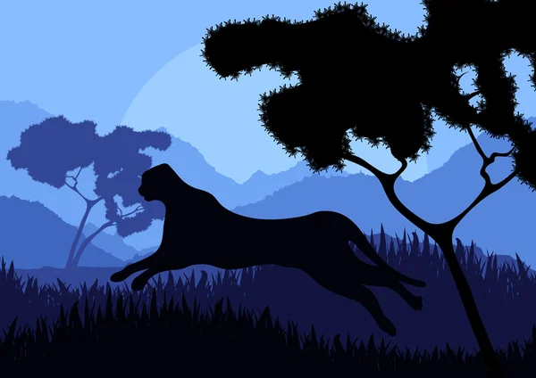野生の自然の風景イラストでアニメーションのチーターの狩猟 — ストックベクタ