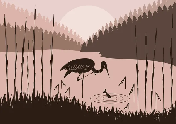 Heron in wilde natuur gebladerte illustratie — Stockvector
