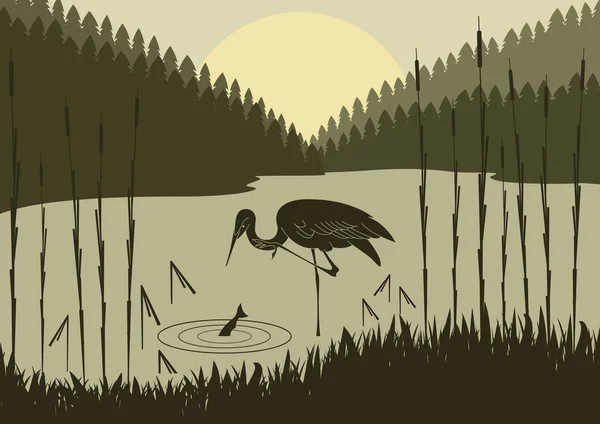 Heron em natureza selvagem folhagem ilustração — Vetor de Stock