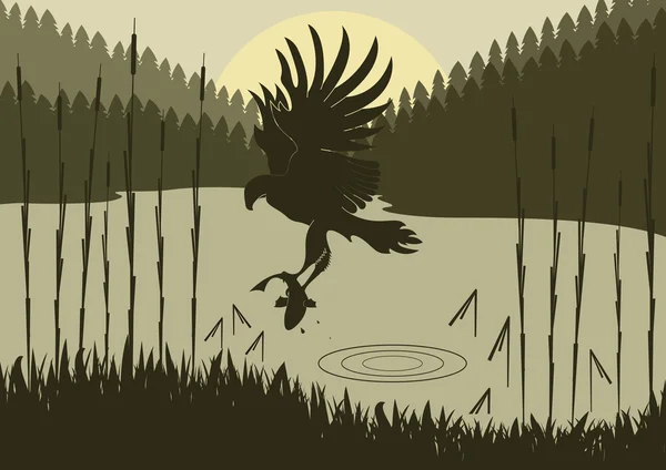 Peces de caza de águila pescadora en naturaleza salvaje ilustración follaje — Vector de stock
