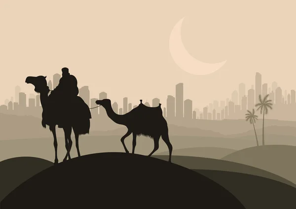 Cammello cavaliere in arabo grattacielo città paesaggio illustrazione — Vettoriale Stock