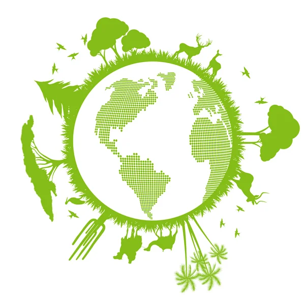 Ecologia verde pianeta vettore sfondo con alberi in tutto il mondo — Vettoriale Stock