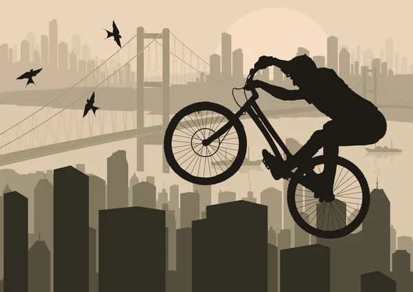 Mountain bike proef renner in wolkenkrabber stad landschap illustratie — Stockvector