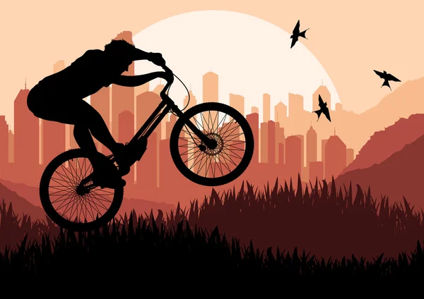 Mountain bike trial rider in grattacielo città paesaggio illustrazione — Vettoriale Stock