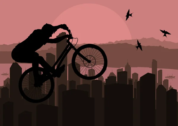 Mountain bike trial rider in skyscraper city landscape illustration — Stock Vector