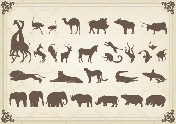 Ensemble vintage d'animaux dans le cadre — Image vectorielle
