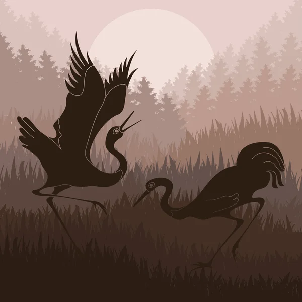 Couple de grues animées dans une illustration de feuillage de forêt sauvage — Image vectorielle