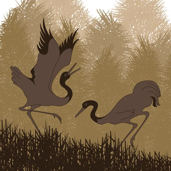 Pareja de grúas animadas en follaje de bosque salvaje ilustración — Vector de stock