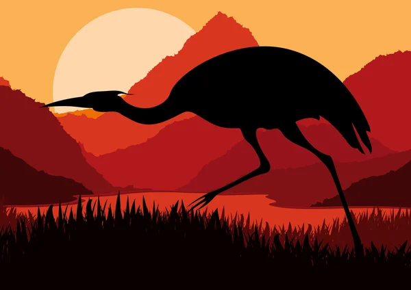 Animated crane in wild nature landscape illustration — Stock Vector
