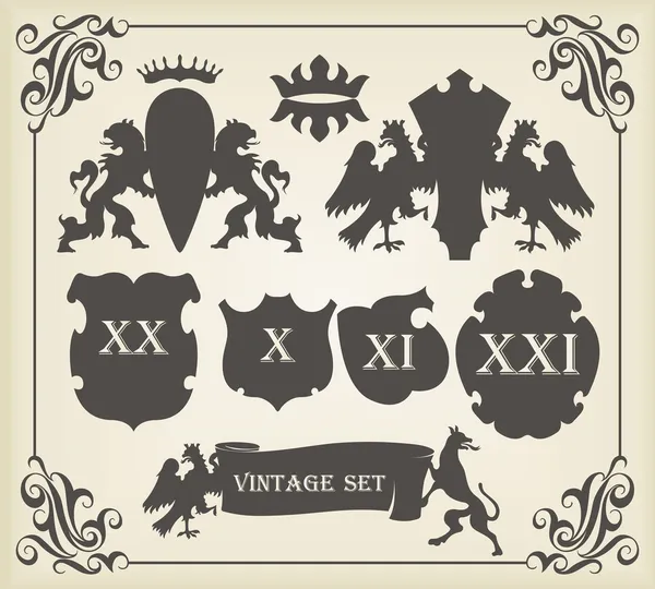 Heraldické siluety sada mnoha vinobraní prvků vektor — Stockový vektor