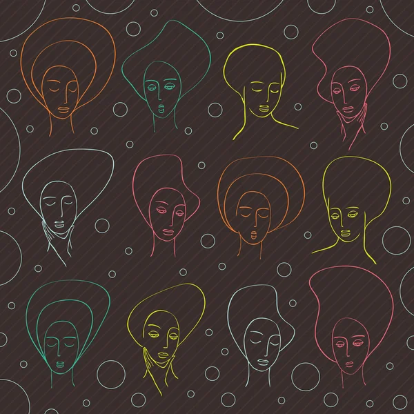 Hand drawn vintage woman faces on abstract bubble background