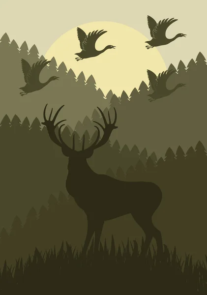 Animated deer in wild night forest foliage illustration — Stock Vector