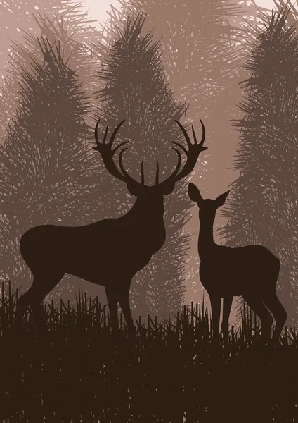 Cervos animados na floresta selvagem ilustração folhagem noturna — Vetor de Stock