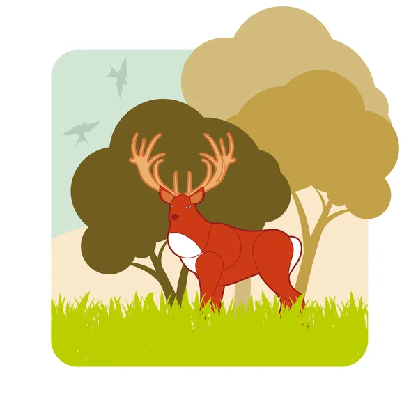 野生の森林葉図アニメーション雨の鹿 — ストックベクタ