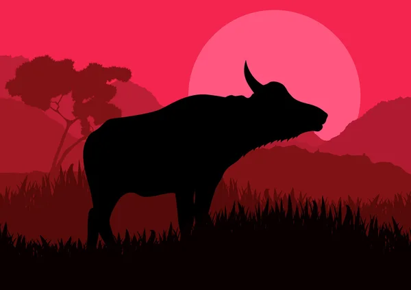 Animerade vattenbuffel i vilda naturen landskap illustration — Stock vektor