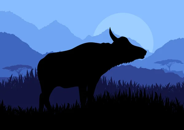 Búfalo de água animado em natureza selvagem ilustração paisagem — Vetor de Stock