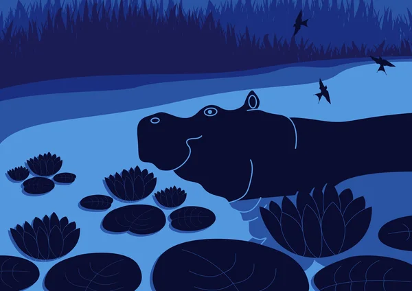 Animated hippopotamus couple in wild nature foliage illustration — Stock Vector